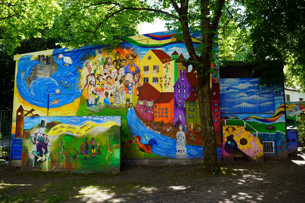 Colourful mural on a wall at Kegelhof in Munich