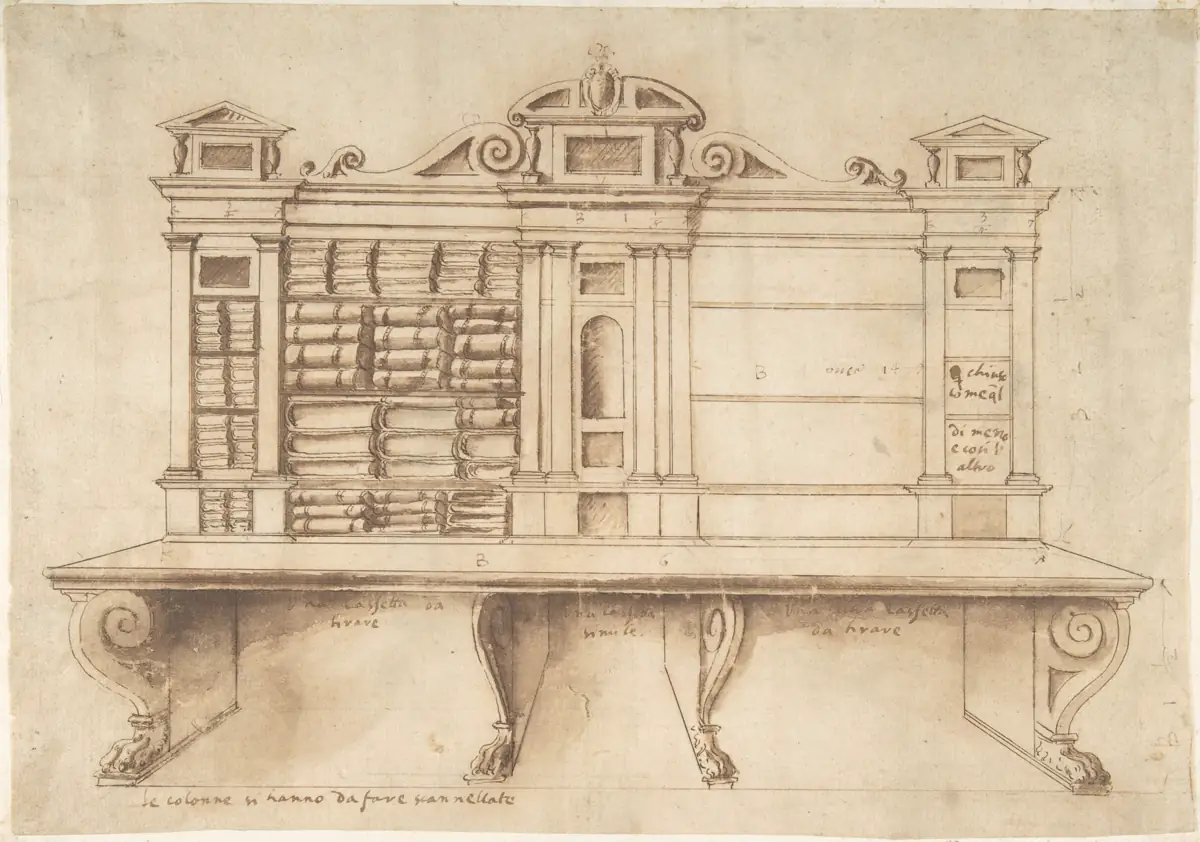 Historical design drawing for a bookcase with a writing desk